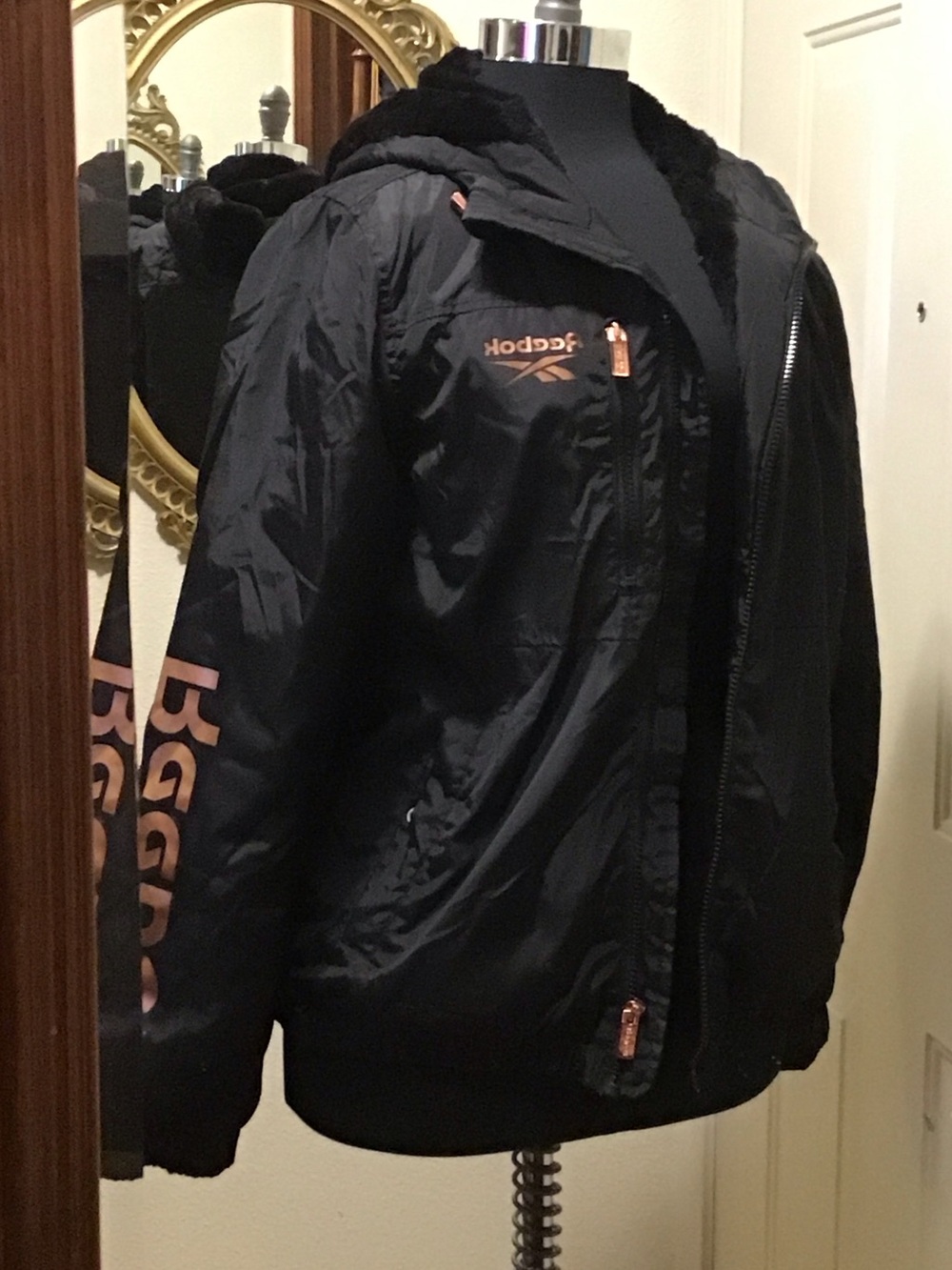 Reebok Black Hooded Puffer Jacket with Rose Gold Accents Size M